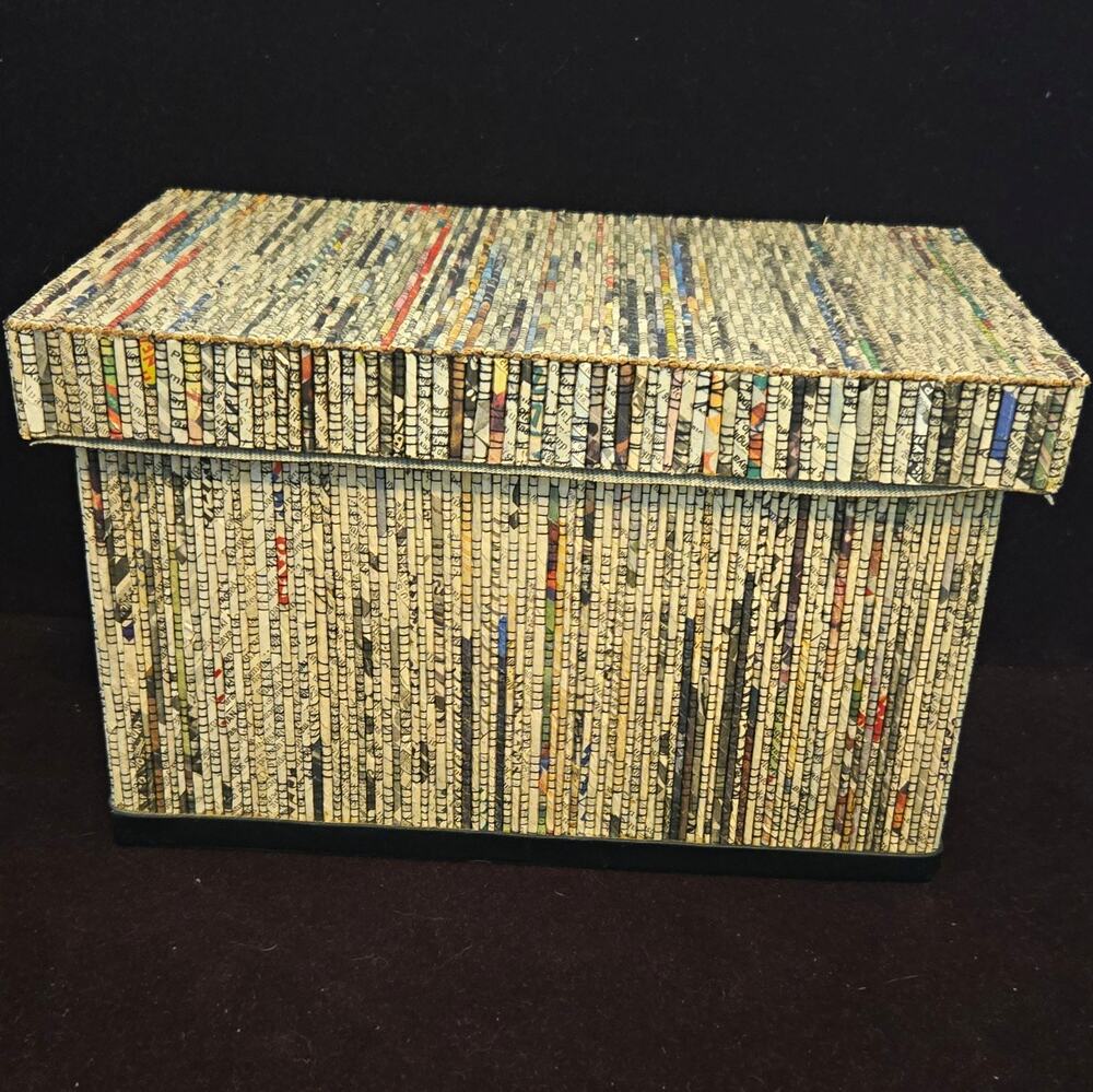Vintage Folk Art Rolled Paper Storage Box Newsprint Magazine Upcycled Tramp Art